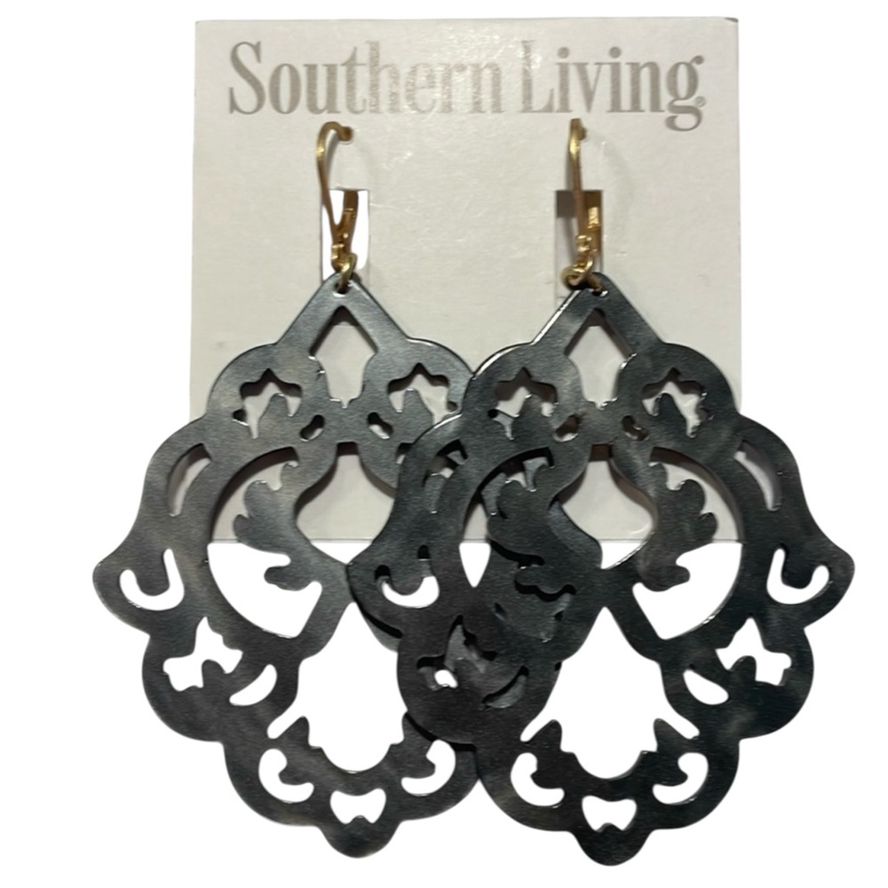 🆕New Southern Living Open Gray Acrylic Drop Earrings GoldTone Lever back
